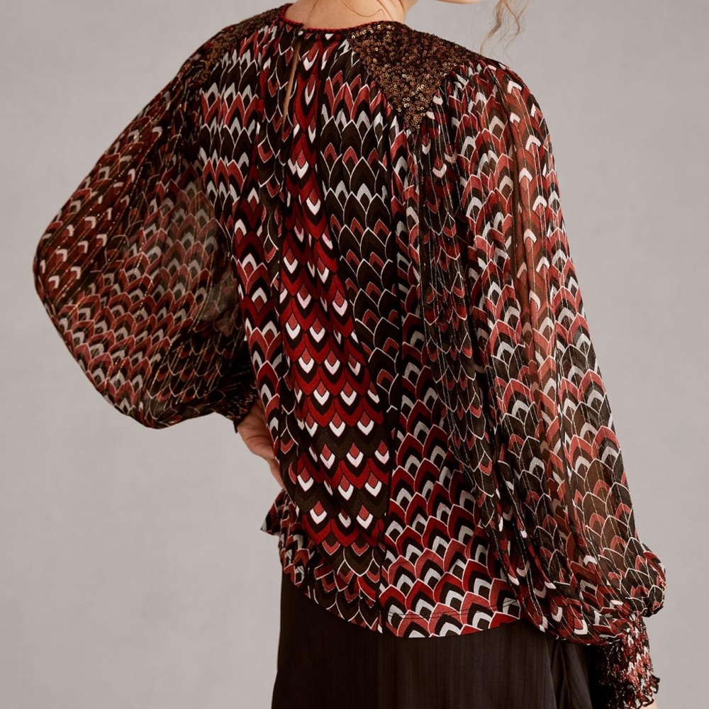 NWT Anthropologie Bl-nk Printed Sequin-Embellished Blouse in Wine - Picture 2 of 10